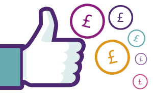 A big thumbs up with pound coins for a Facebook Fundraiser