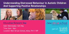 Image is a promotional image of people networking and listening with the text 'Education Network Day - Understanding distressed behaviour in autistic children and supporting positive relationships'